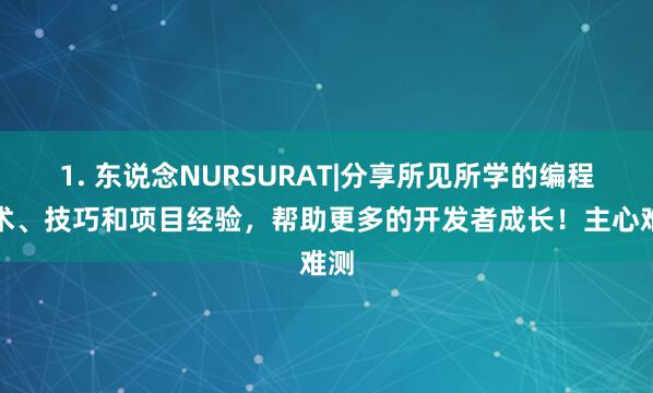 1. 东说念NURSURAT|分享所见所学的编程技术、技巧和项目经验,帮助更多的开发者成长!主心难测